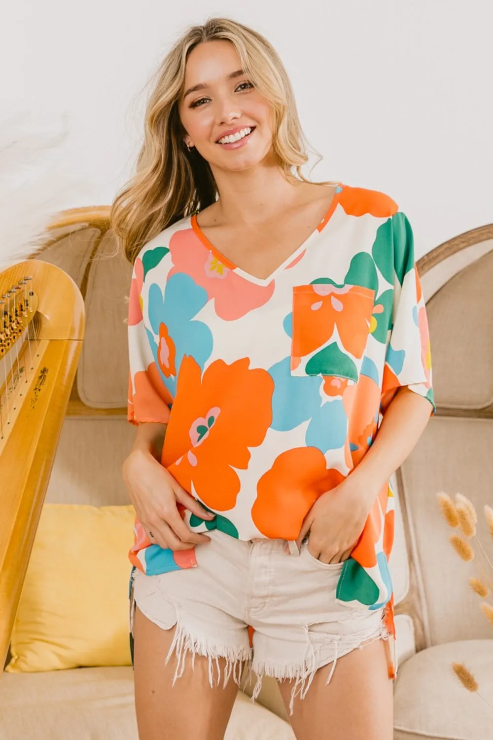 Hazel Blues® |  BiBi Floral V Neck Slit Side T-Shirt