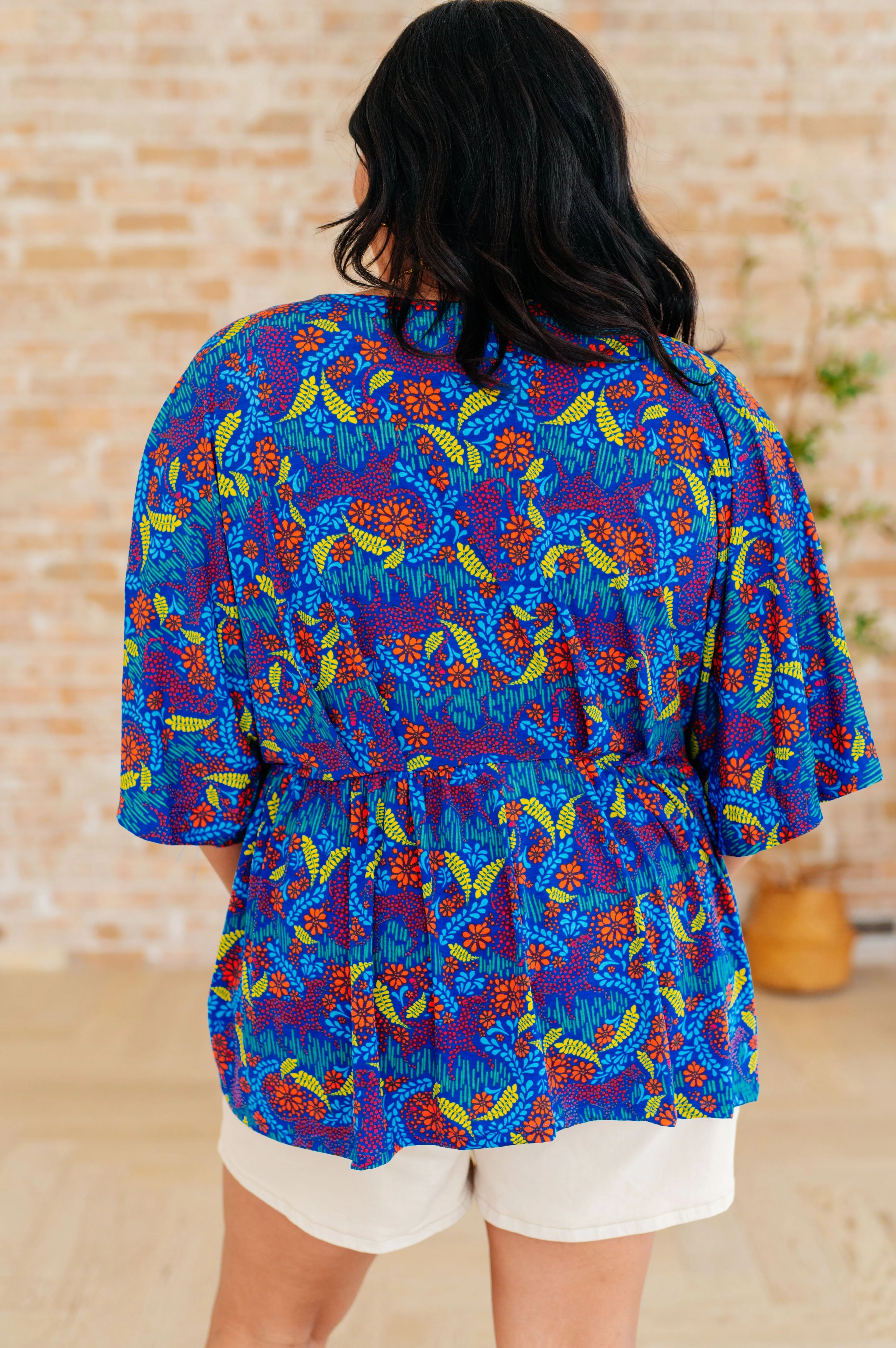 Hazel Blues® |  Dreamer Peplum Top in Royal and Red Abstract