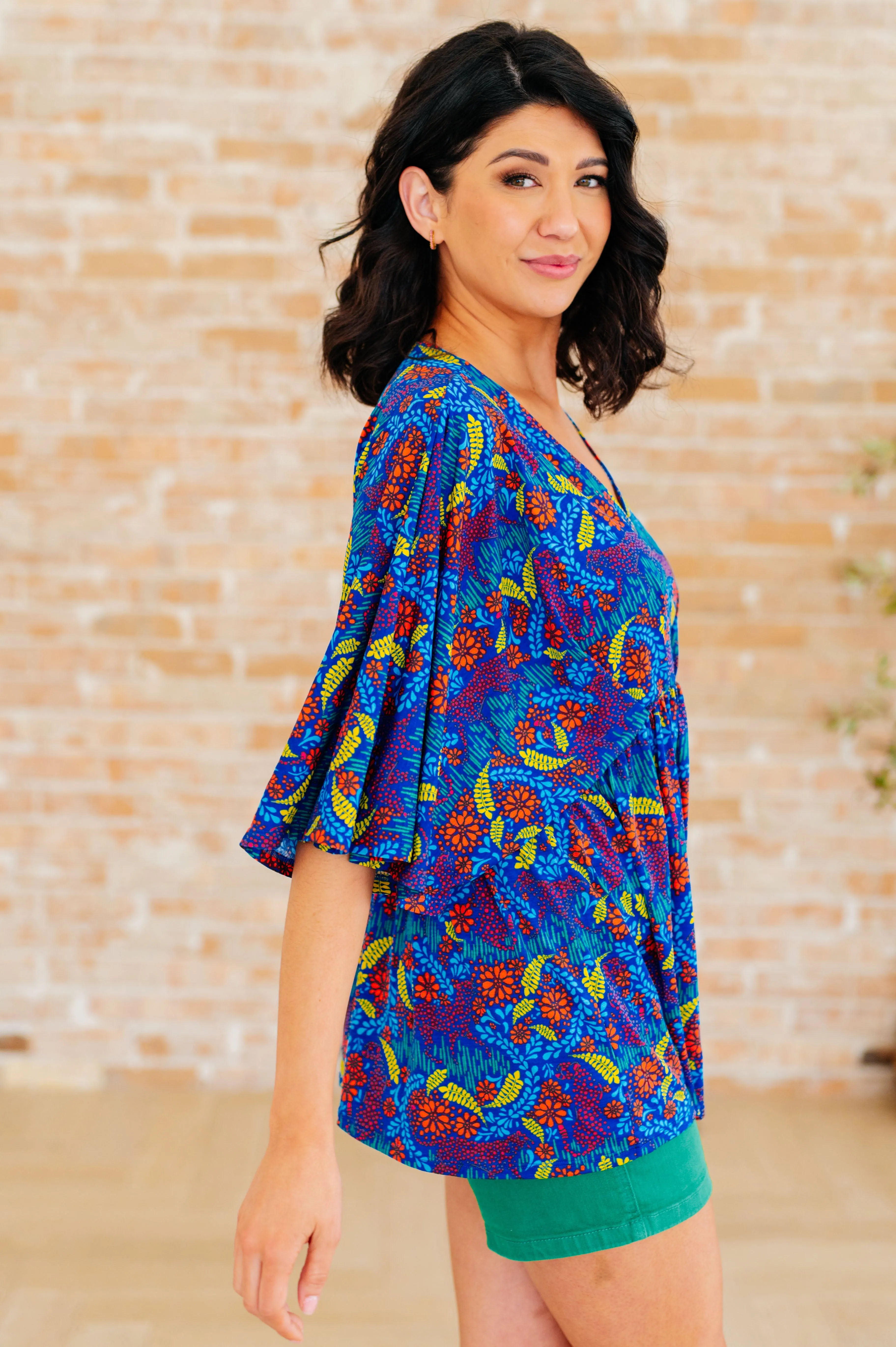 Hazel Blues® |  Dreamer Peplum Top in Royal and Red Abstract