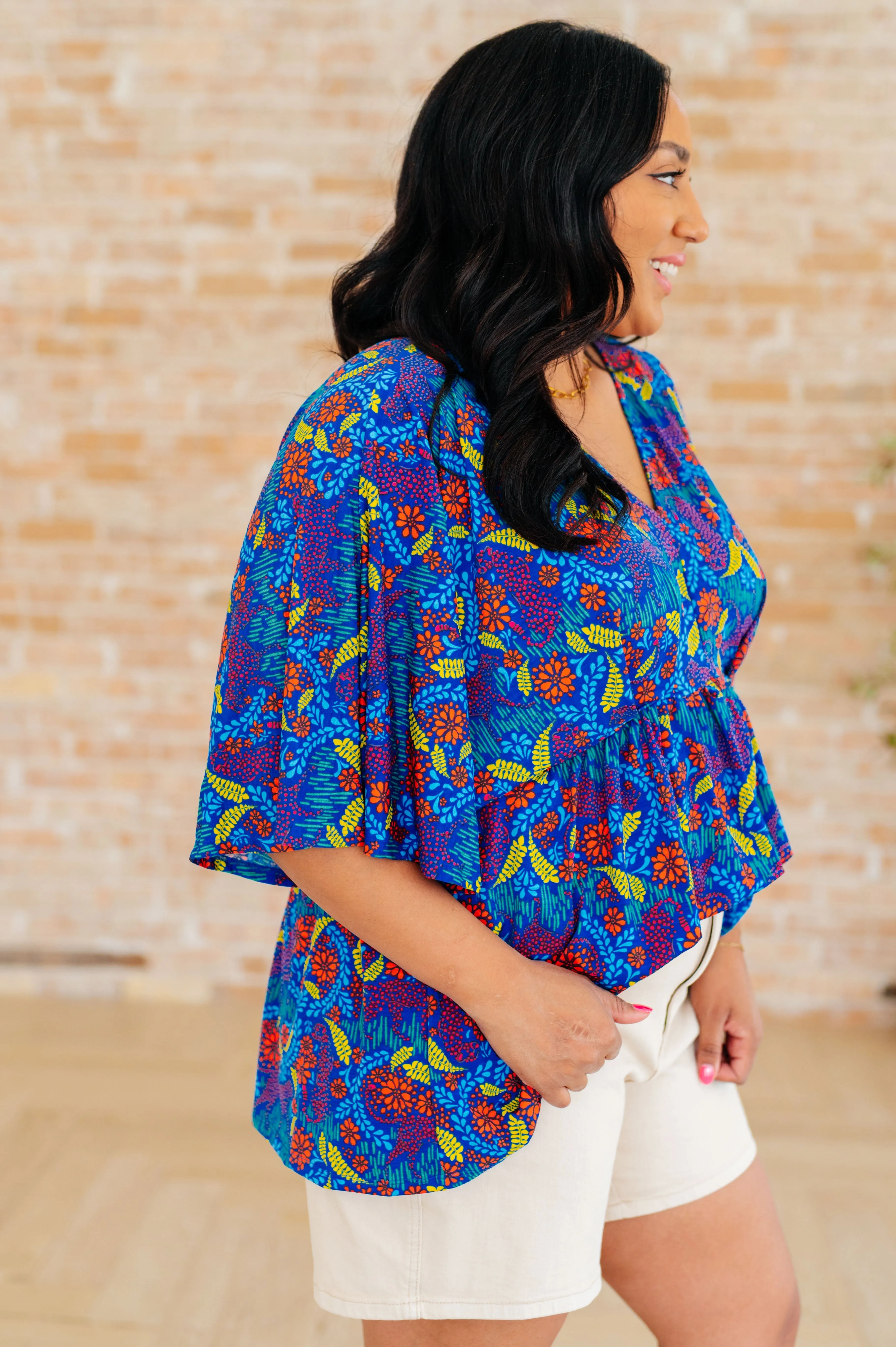 Hazel Blues® |  Dreamer Peplum Top in Royal and Red Abstract