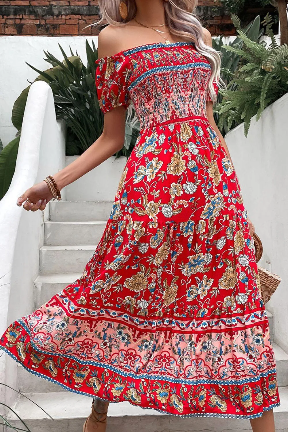 Hazel Blues® |  Floral Off-Shoulder Smocked Midi Dress