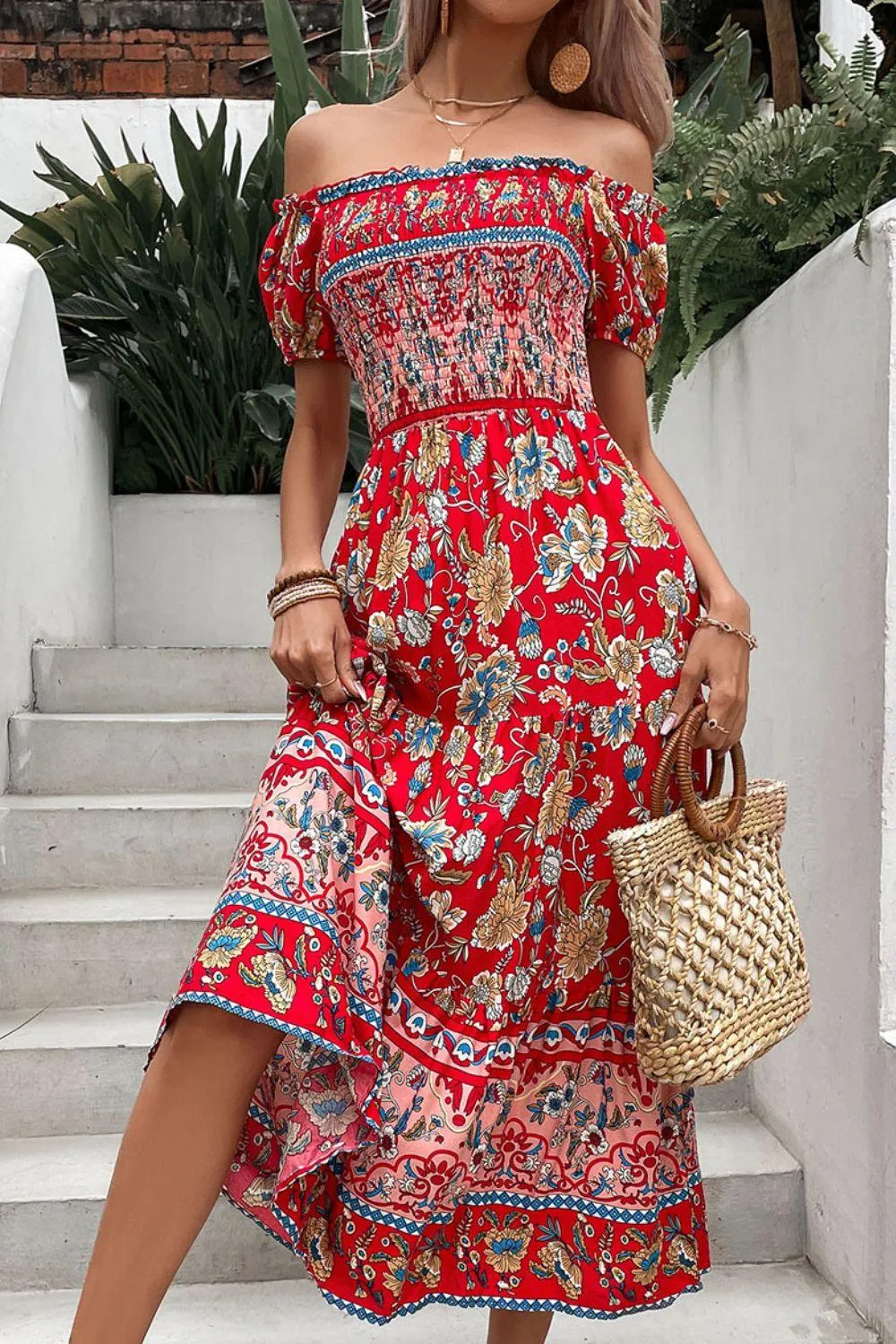 Hazel Blues® |  Floral Off-Shoulder Smocked Midi Dress