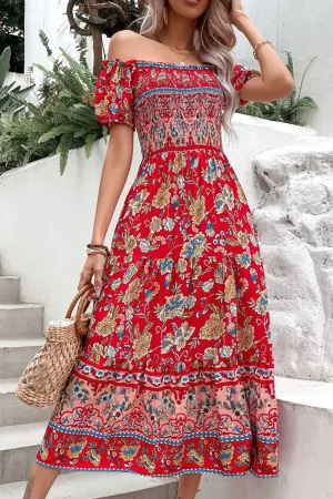 Hazel Blues® |  Floral Off-Shoulder Smocked Midi Dress