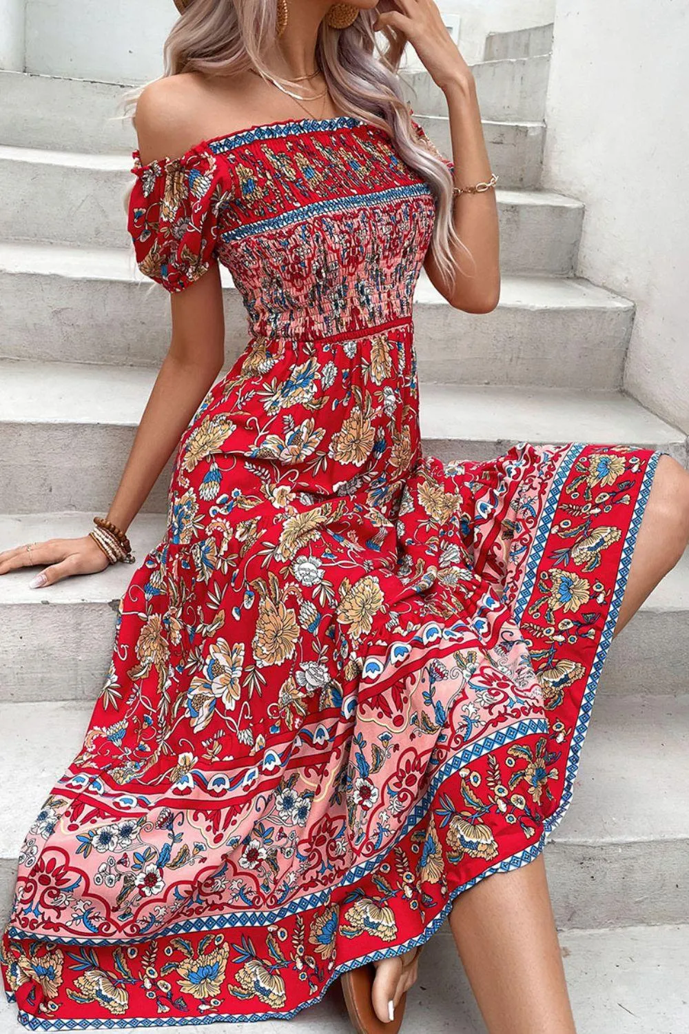 Hazel Blues® |  Floral Off-Shoulder Smocked Midi Dress