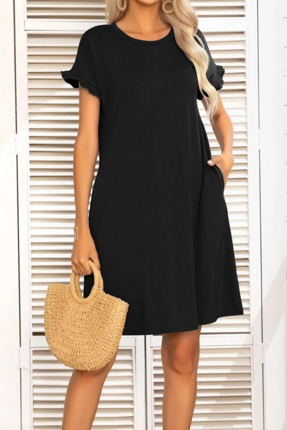 Hazel Blues® |  Flounce Sleeve Round Neck Dress with Pockets