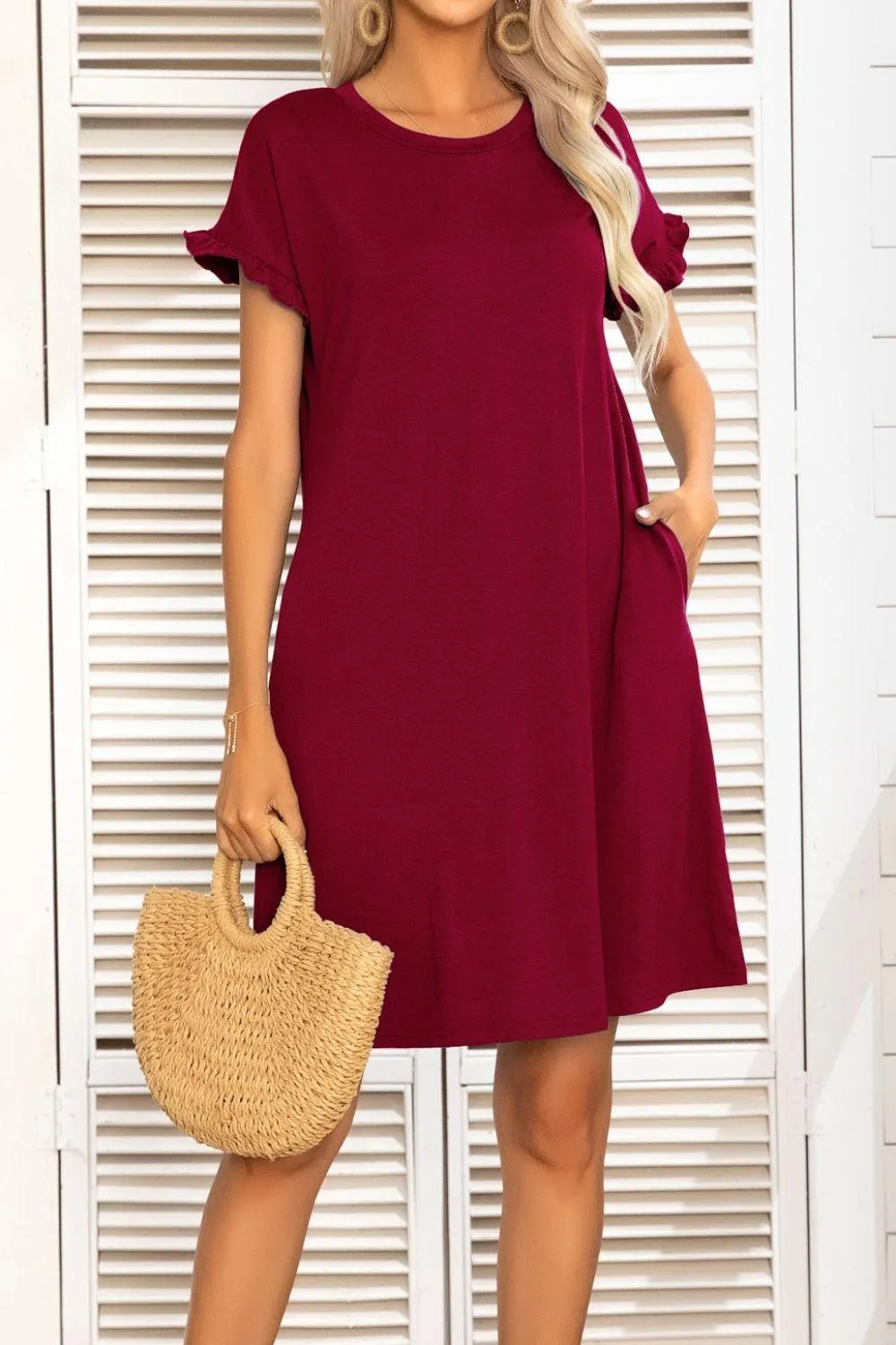 Hazel Blues® |  Flounce Sleeve Round Neck Dress with Pockets