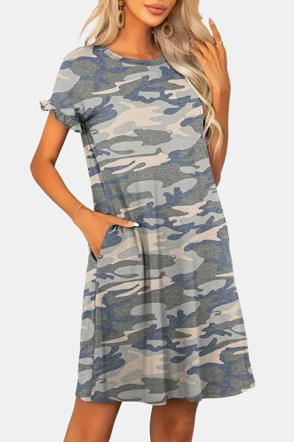 Hazel Blues® |  Flounce Sleeve Round Neck Dress with Pockets