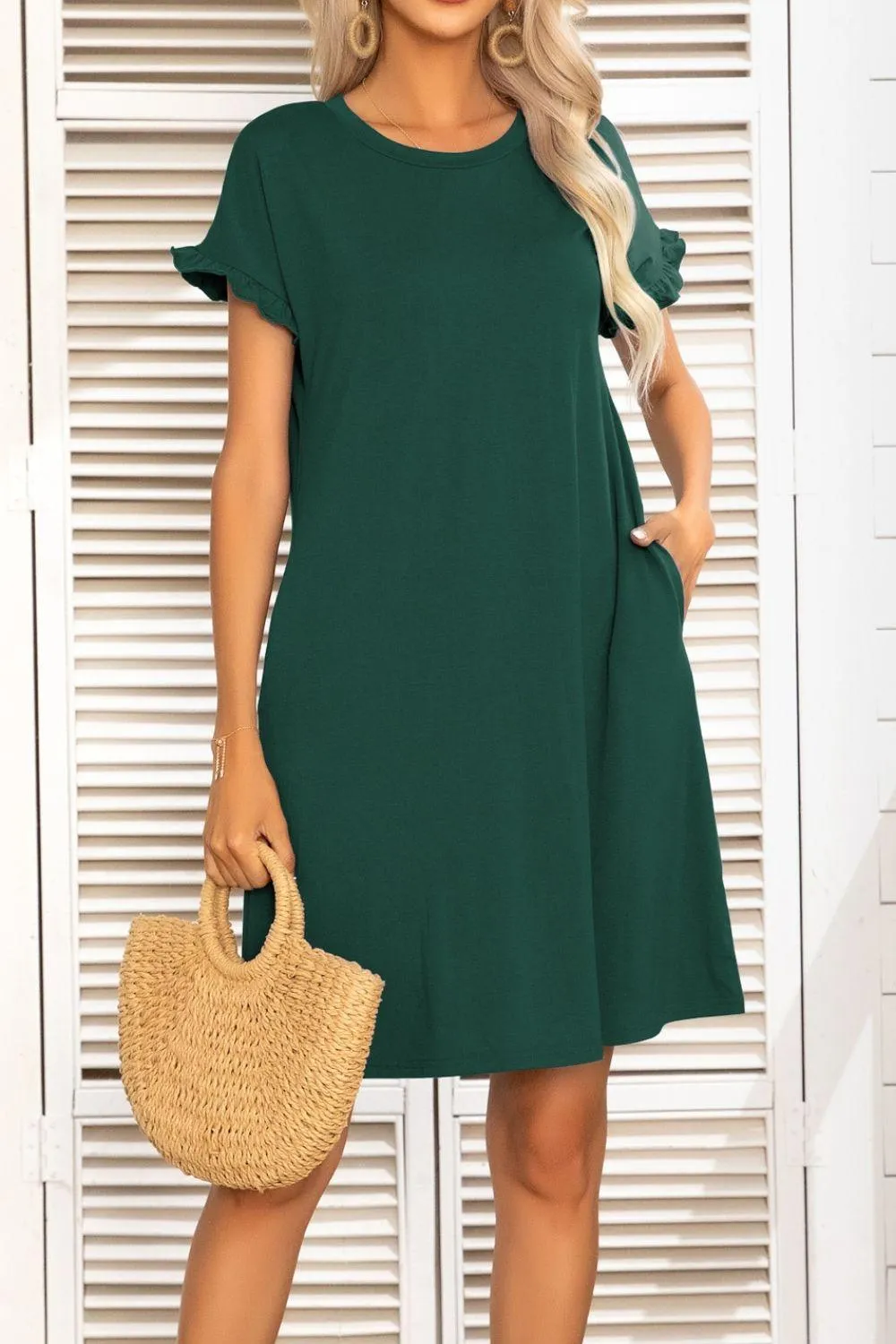 Hazel Blues® |  Flounce Sleeve Round Neck Dress with Pockets