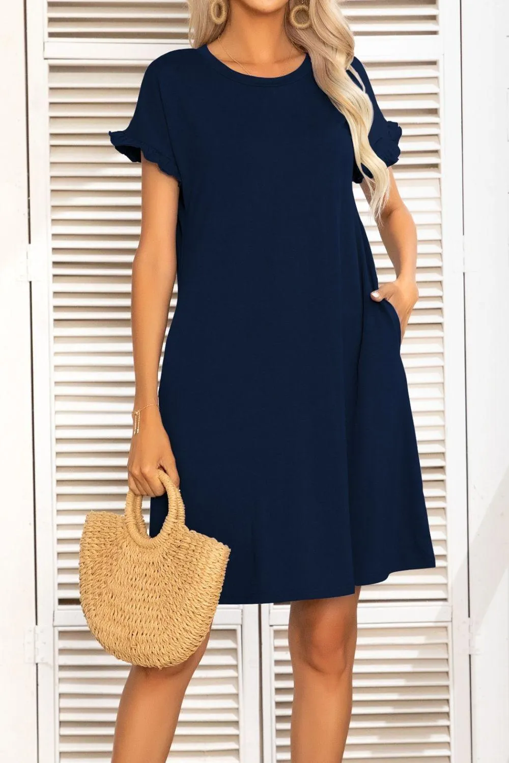 Hazel Blues® |  Flounce Sleeve Round Neck Dress with Pockets