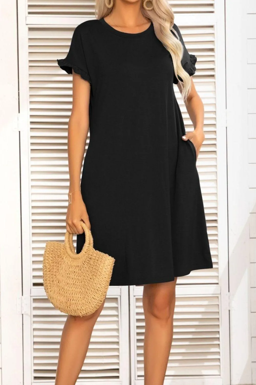 Hazel Blues® |  Flounce Sleeve Round Neck Dress with Pockets
