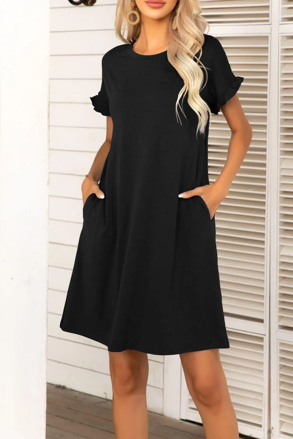 Hazel Blues® |  Flounce Sleeve Round Neck Dress with Pockets