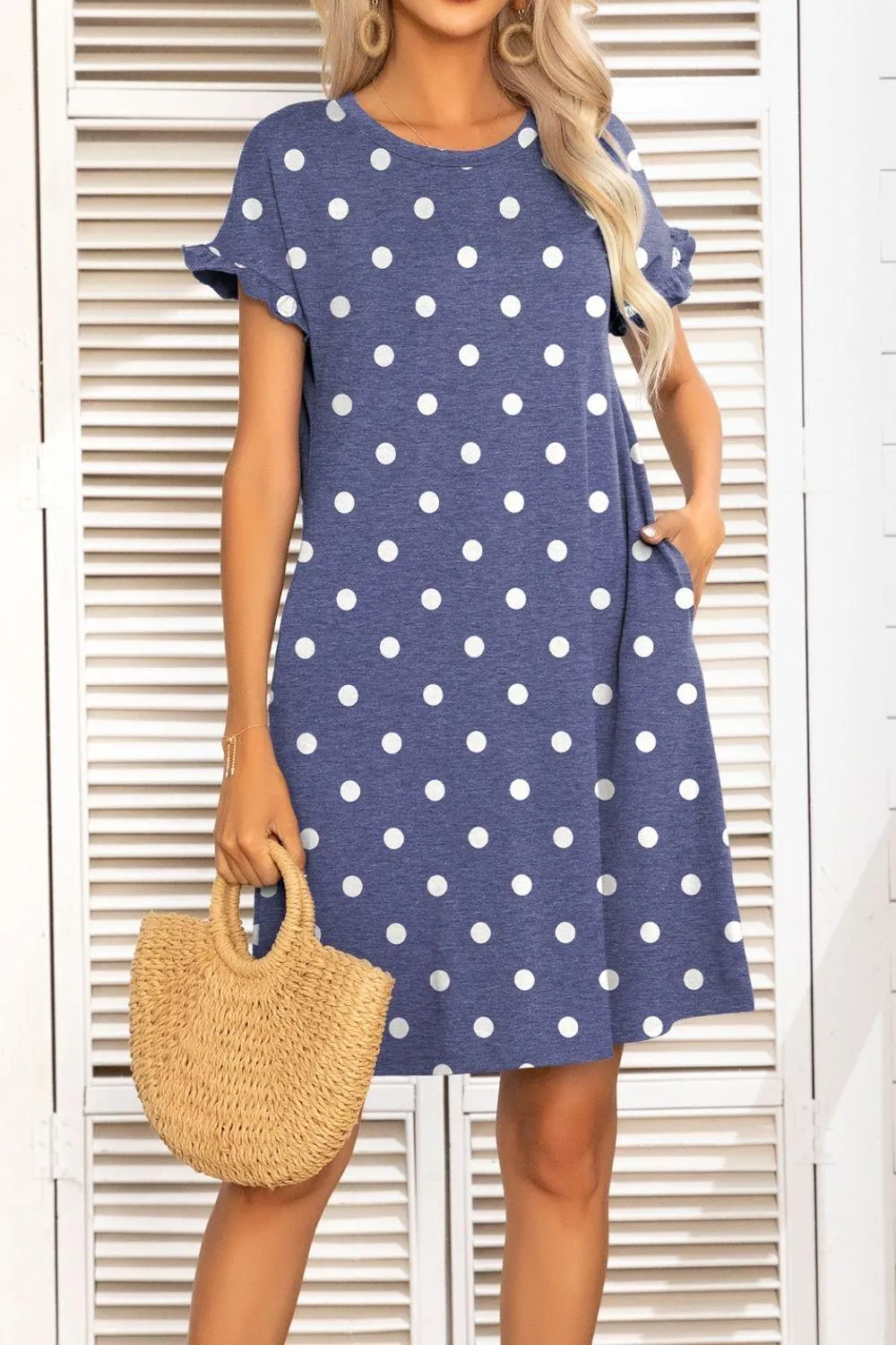 Hazel Blues® |  Flounce Sleeve Round Neck Dress with Pockets
