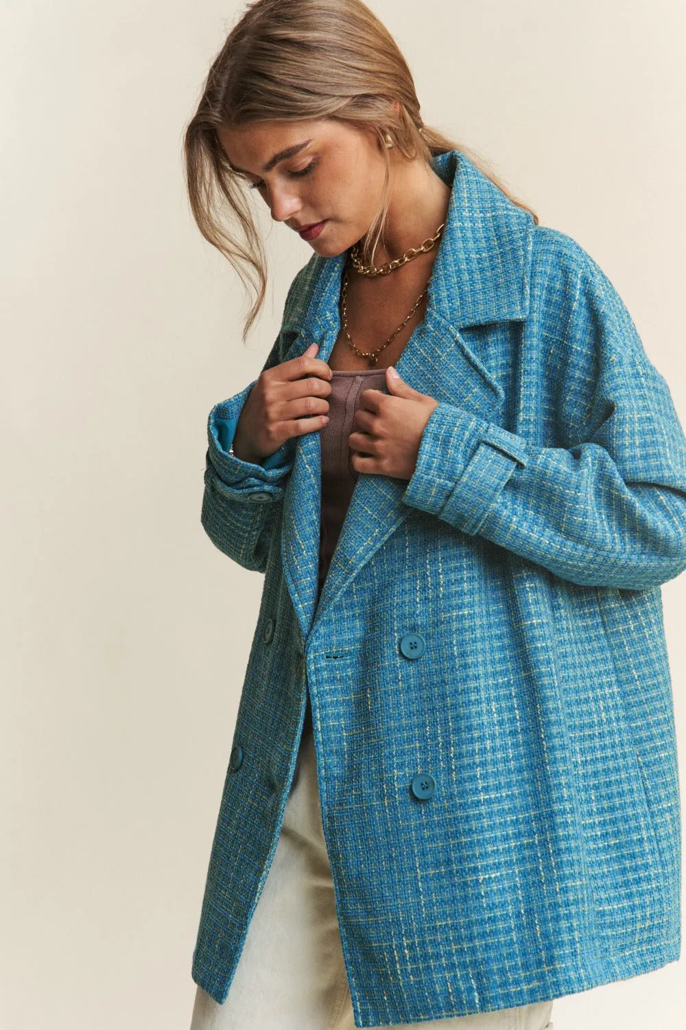 Hazel Blues® |  J.NNA Tweed Double-Breasted Long Sleeve Coat