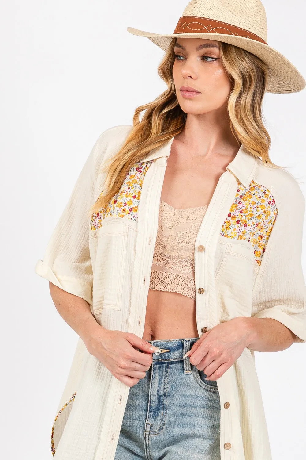 Hazel Blues® |  SAGE   FIG Floral Detail Button Up Short Sleeve Shirt