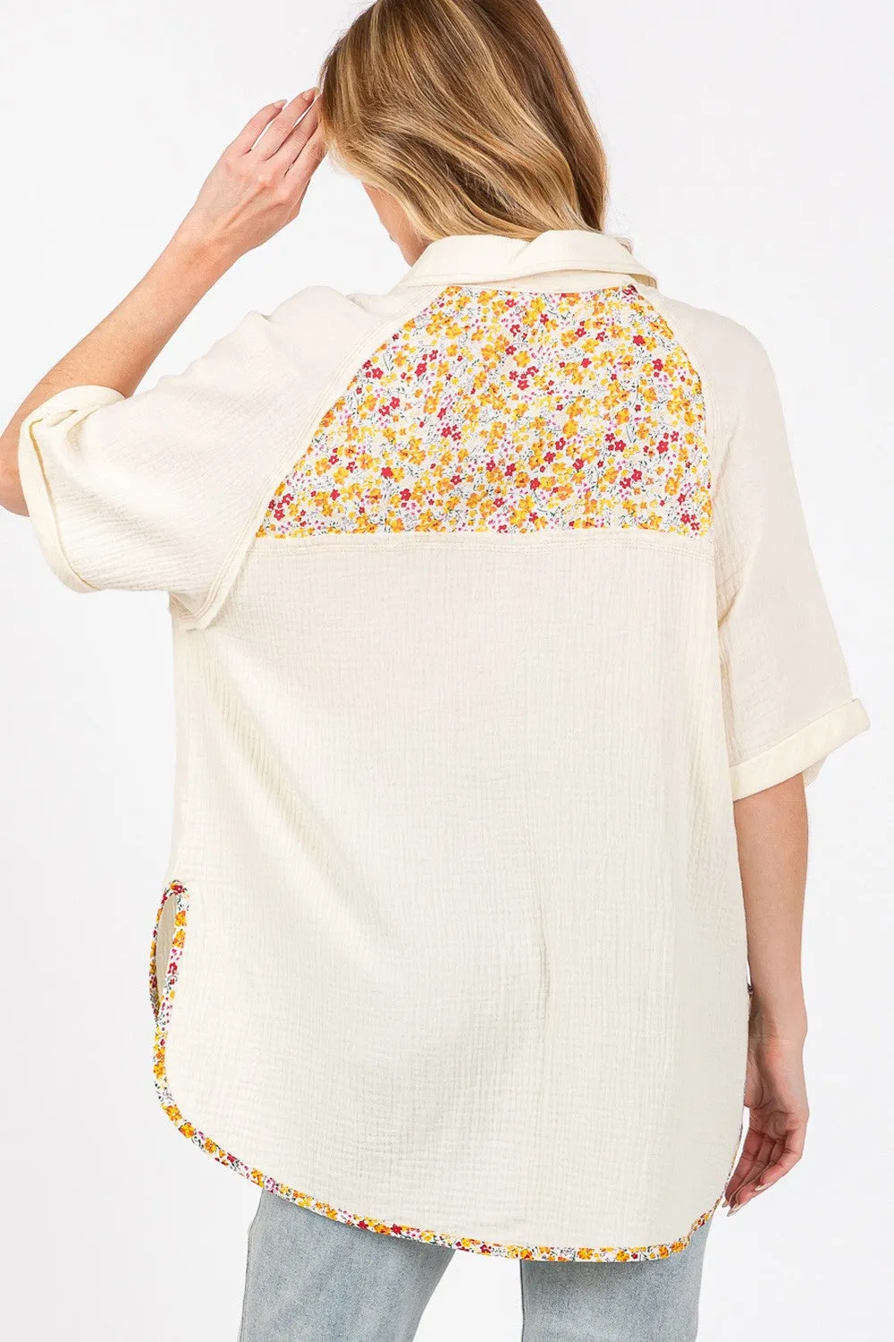 Hazel Blues® |  SAGE   FIG Floral Detail Button Up Short Sleeve Shirt