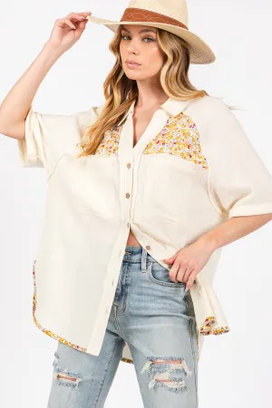 Hazel Blues® |  SAGE   FIG Floral Detail Button Up Short Sleeve Shirt