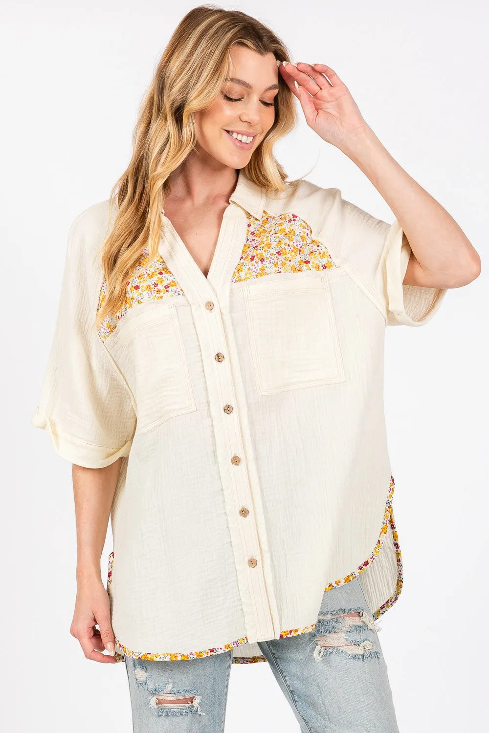 Hazel Blues® |  SAGE   FIG Floral Detail Button Up Short Sleeve Shirt