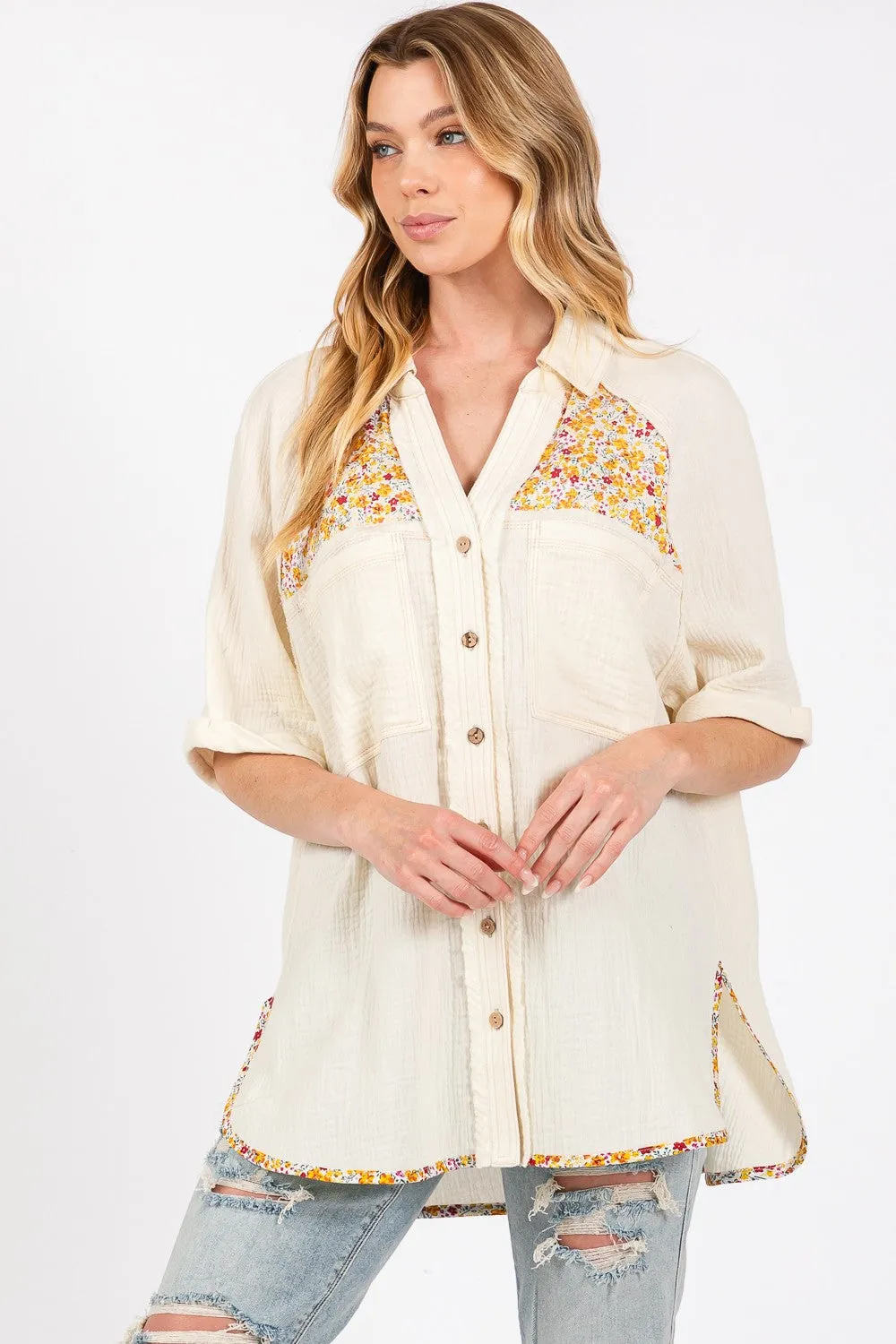 Hazel Blues® |  SAGE   FIG Floral Detail Button Up Short Sleeve Shirt
