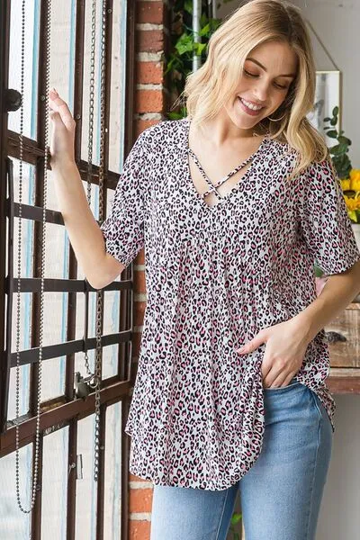 Heimish Full Size Short Sleeve Crisscross Animal Babydoll Top Plus Size