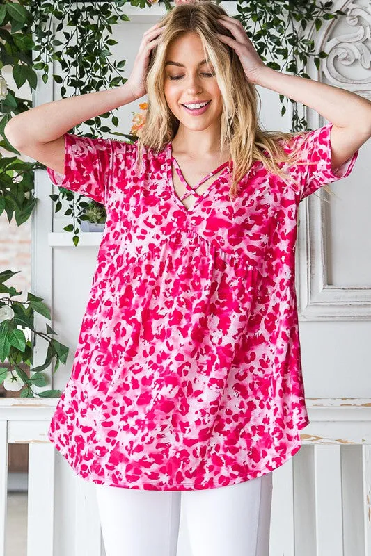 Heimish Full Size Short Sleeve Crisscross Animal Babydoll Top Plus Size