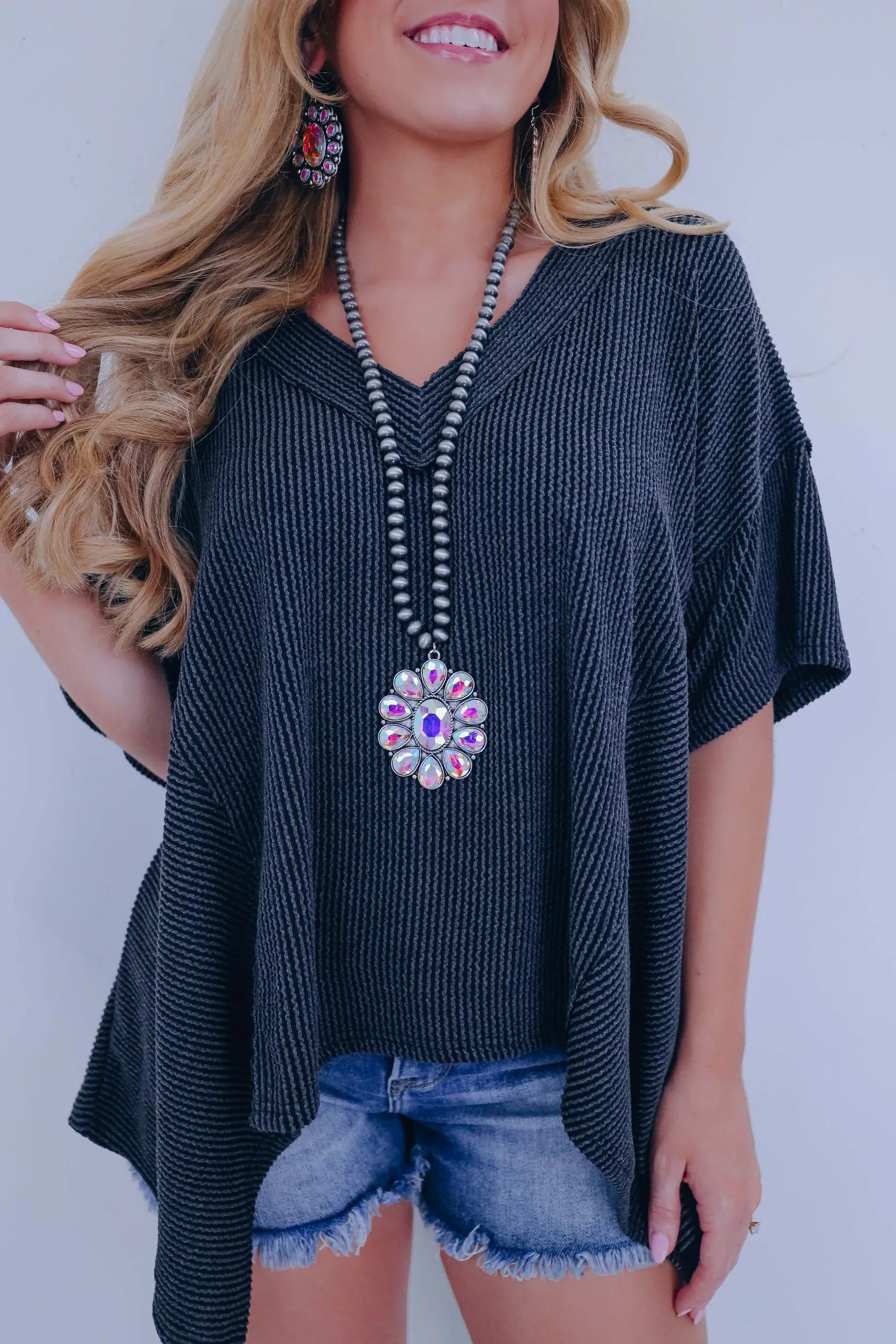 Helena Hi-Lo V-neck Textured Top - Charcoal