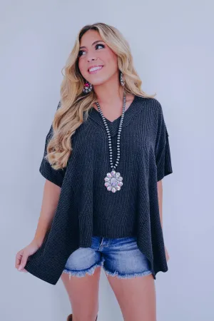 Helena Hi-Lo V-neck Textured Top - Charcoal