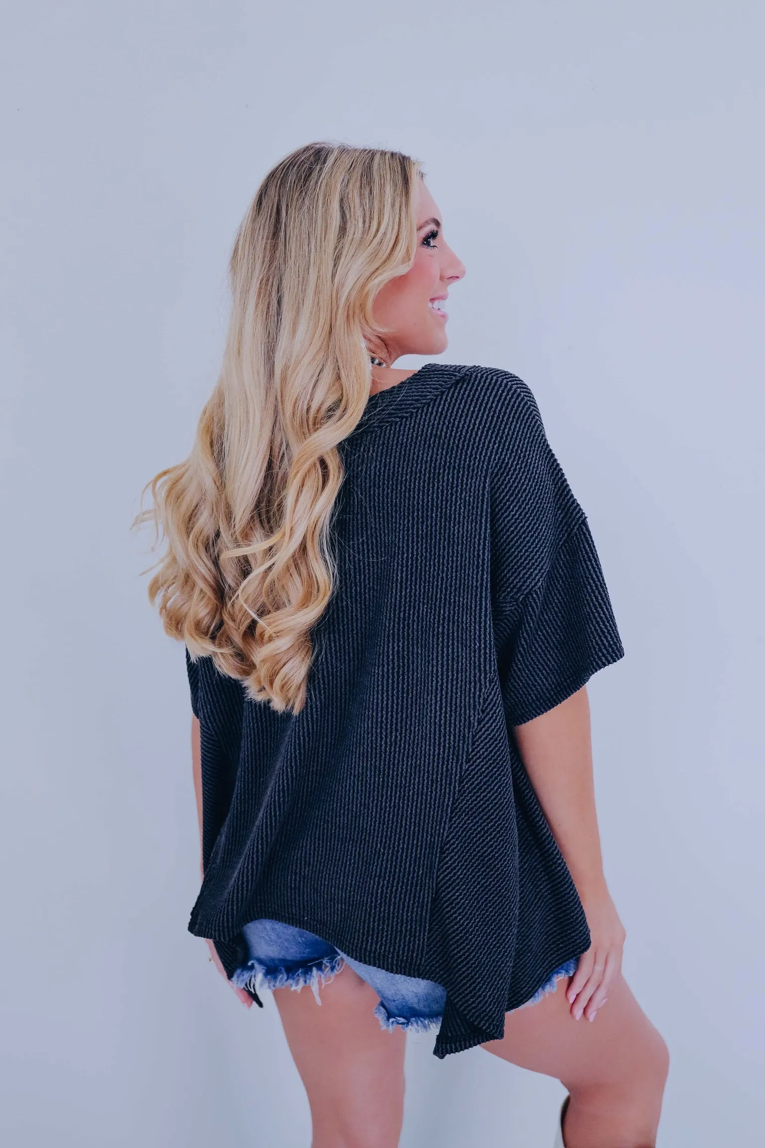 Helena Hi-Lo V-neck Textured Top - Charcoal