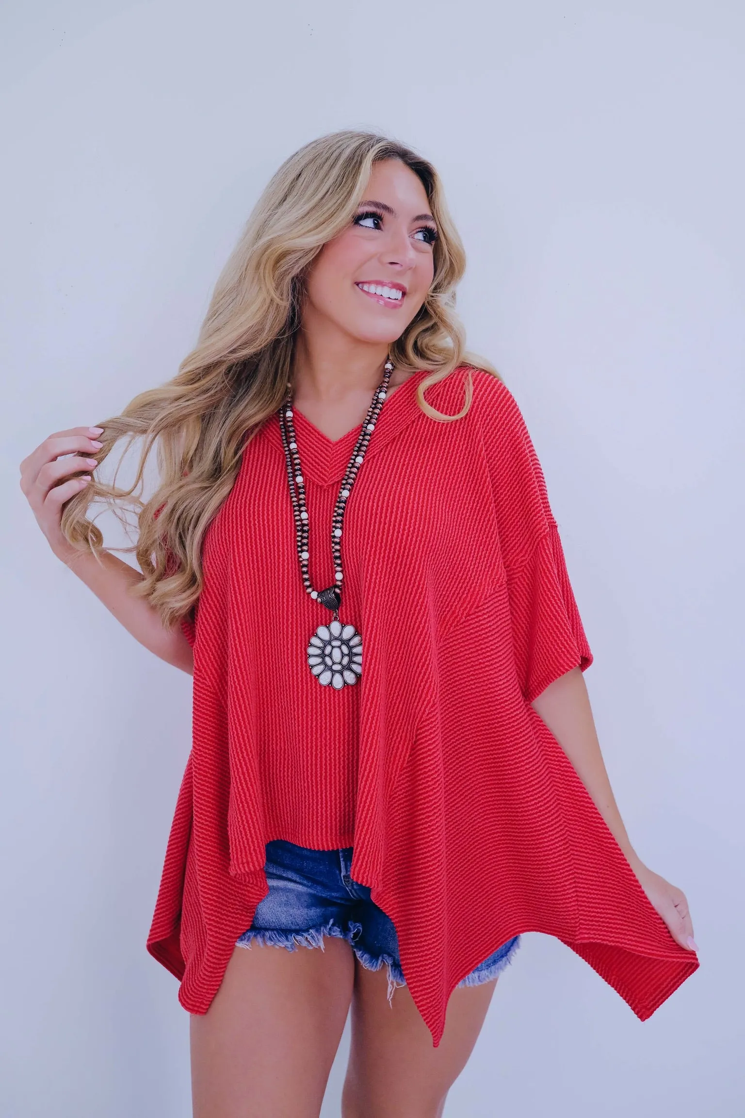 Helena Hi-Lo V-neck Textured Top - Red