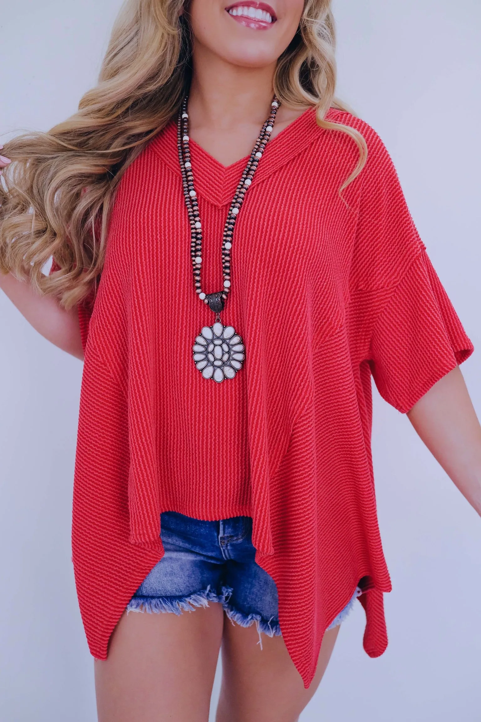 Helena Hi-Lo V-neck Textured Top - Red