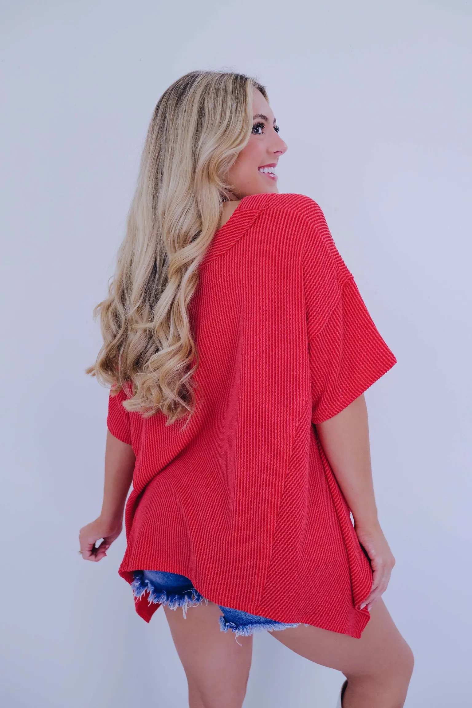 Helena Hi-Lo V-neck Textured Top - Red