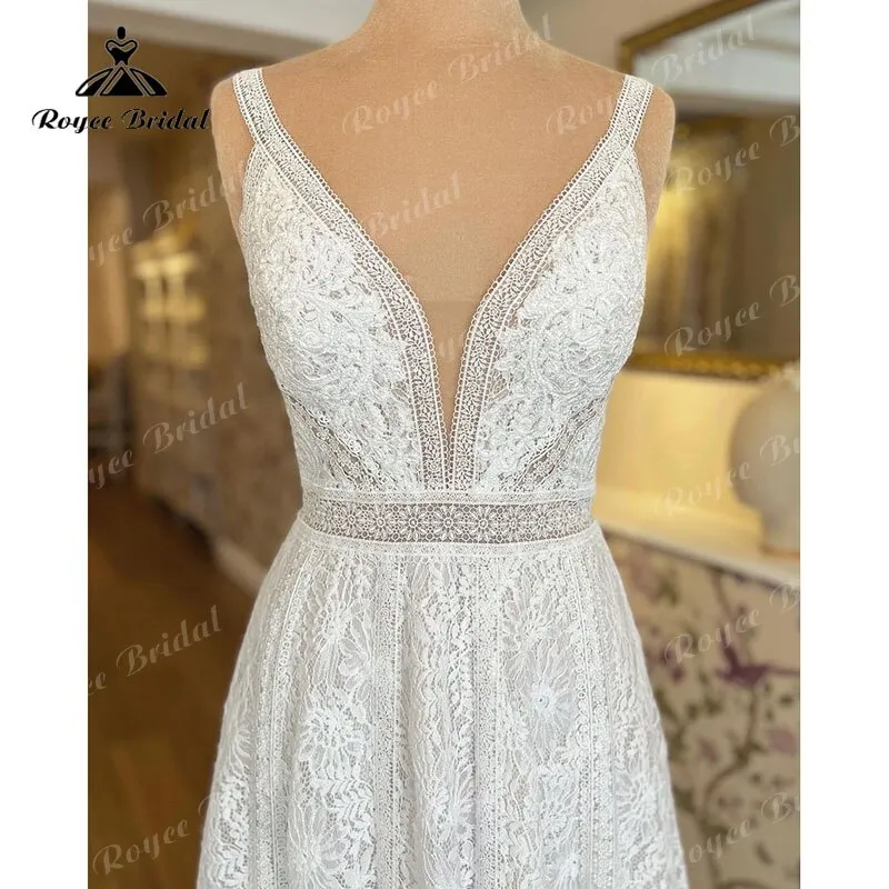 Hochzeitskleid Flowy Boho Spaghetti Straps Wedding Dress with Buttons Lace V Neck Mariage Bridal Gown robe de soirée de mariage