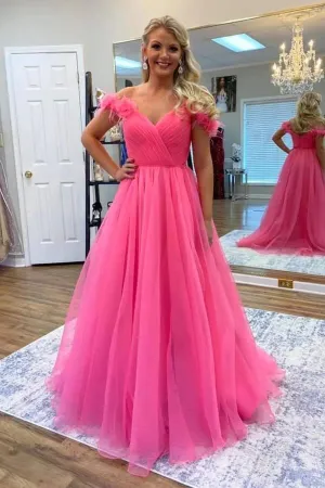 Hot Pink Tulle A-line Off Shoulder Long Prom Dresses With 3D Flowers, MP944