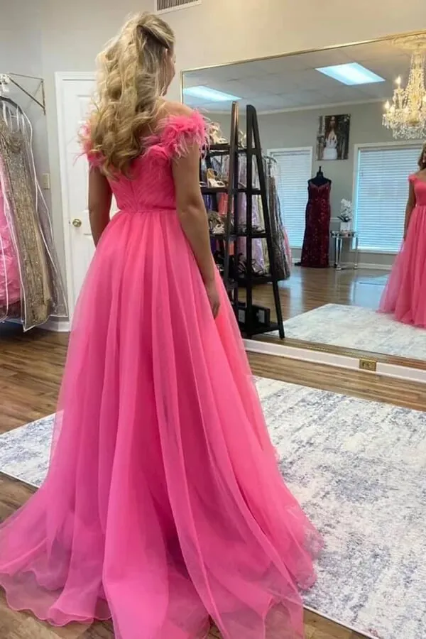 Hot Pink Tulle A-line Off Shoulder Long Prom Dresses With 3D Flowers, MP944