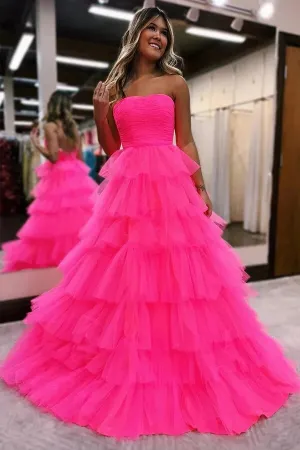 Hot Pink Tulle A-line Princess Strapless Tiered Long Prom Dresses, MP974