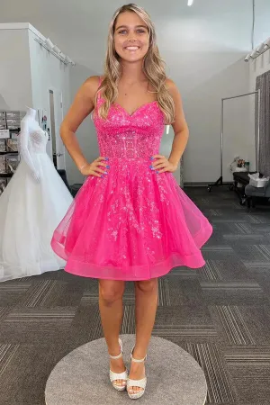 Hot Pink Tulle A-line Sequins Homecoming Dresses, Short Prom Dresses, MH626