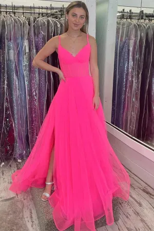 Hot Pink Tulle A-line Spaghetti Straps Simple Prom Dresses, Evening Dress, MP895