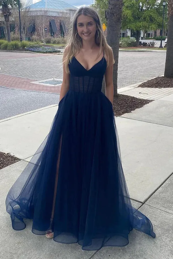 Hot Pink Tulle A-line Spaghetti Straps Simple Prom Dresses, Evening Dress, MP895