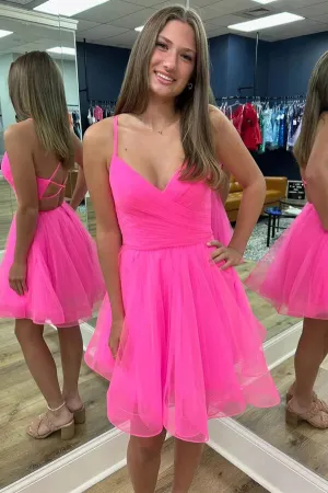 Hot Pink Tulle Criss Cross Back Spaghetti Straps Homecoming Dresses, MH602