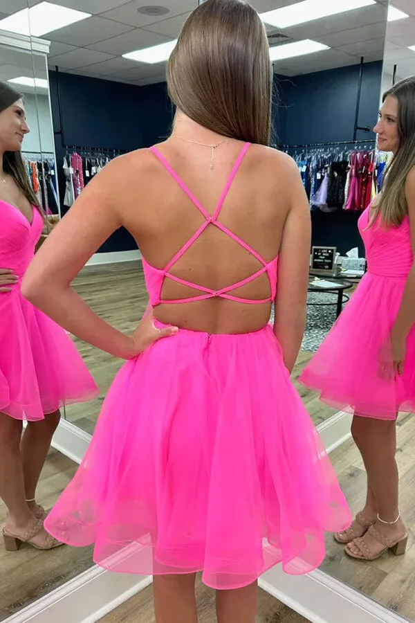 Hot Pink Tulle Criss Cross Back Spaghetti Straps Homecoming Dresses, MH602