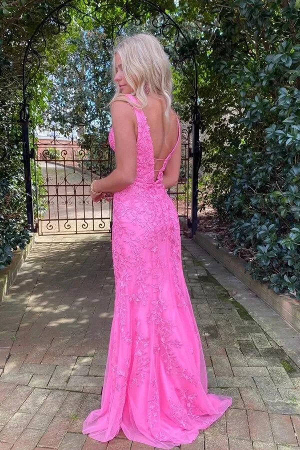 Hot Pink Tulle Mermaid Deep V-neck Lace Appliques Prom Dresses, SLP004