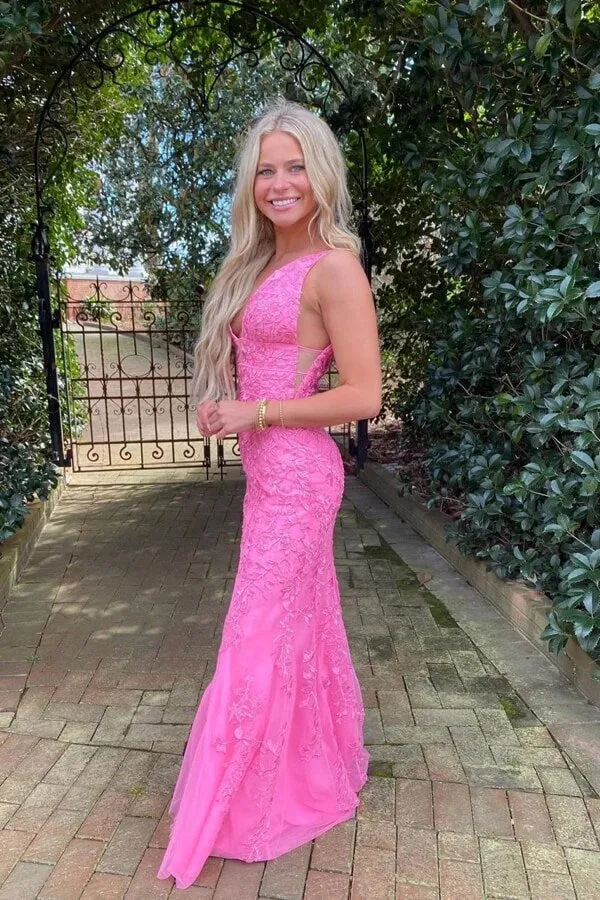 Hot Pink Tulle Mermaid Deep V-neck Lace Appliques Prom Dresses, SLP004