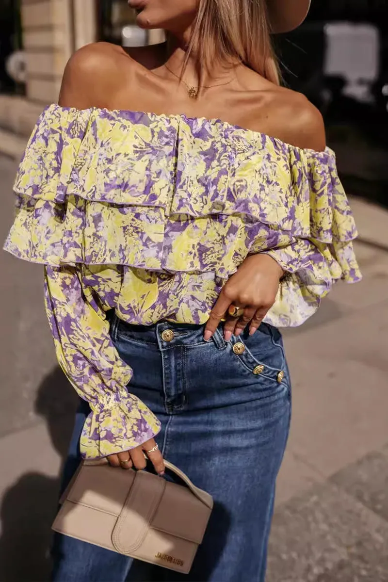 HTR1163 Floral Off-Shoulder Ruffle Top