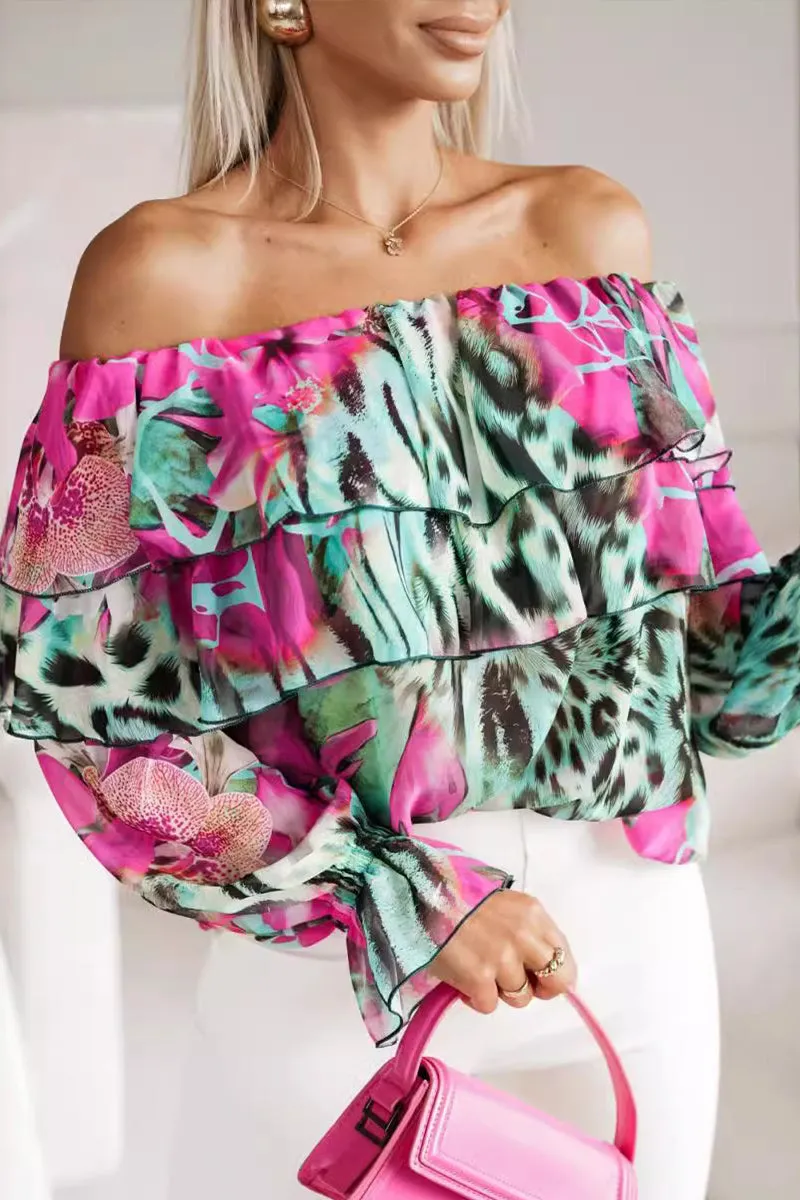 HTR1163 Floral Off-Shoulder Ruffle Top