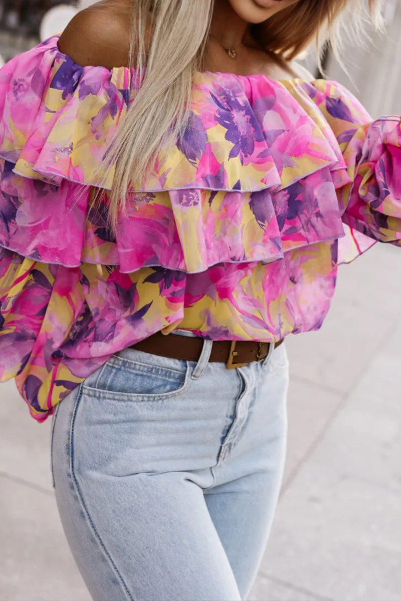 HTR1163 Floral Off-Shoulder Ruffle Top
