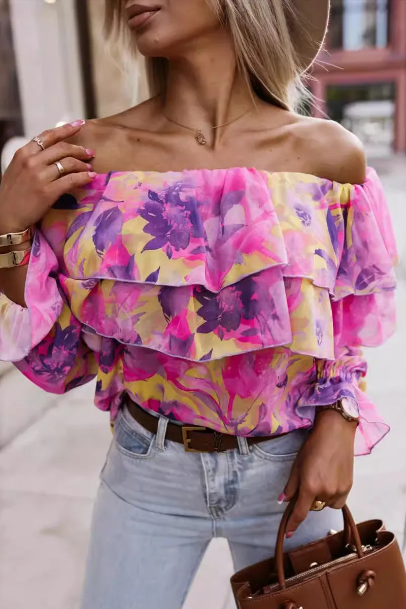 HTR1163 Floral Off-Shoulder Ruffle Top