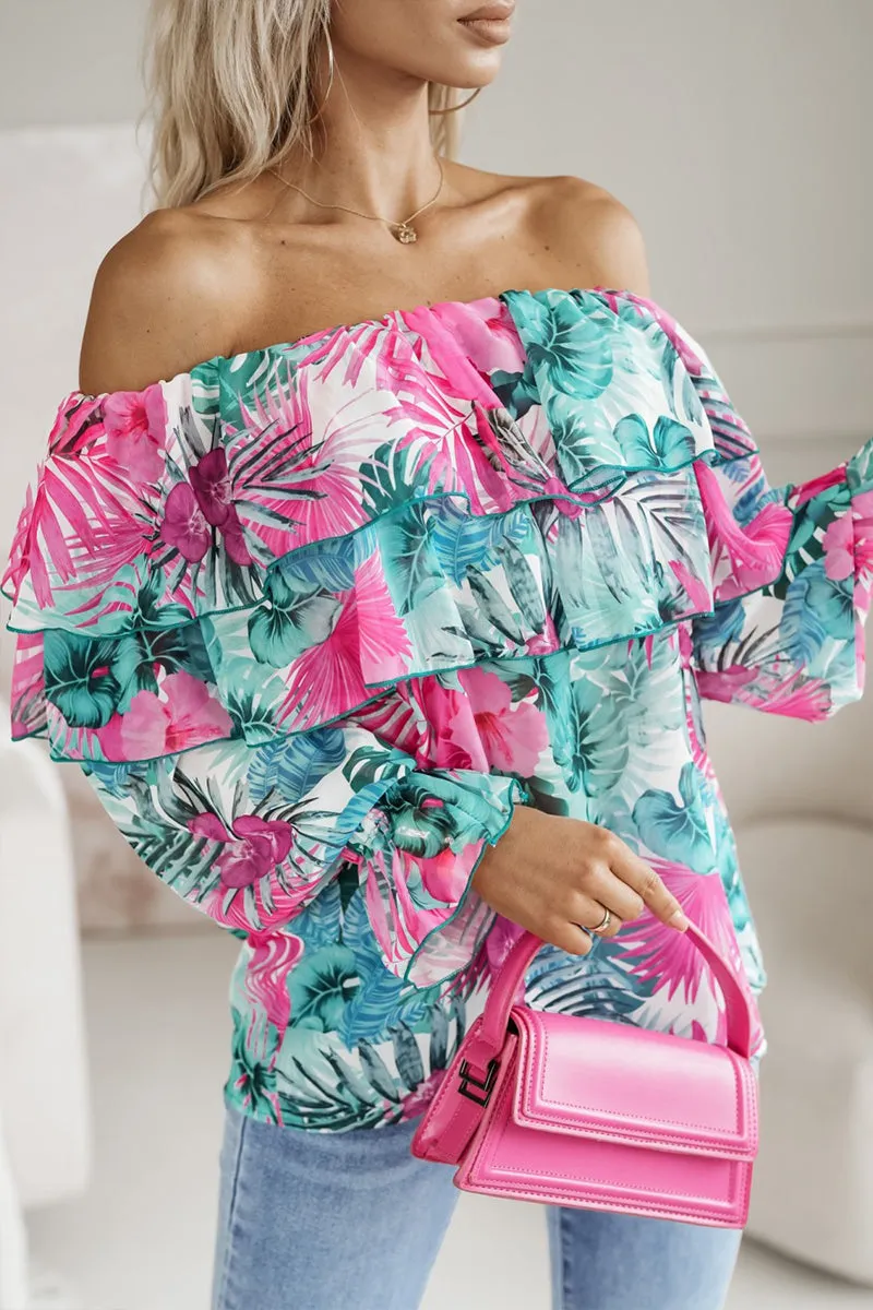HTR1163 Floral Off-Shoulder Ruffle Top