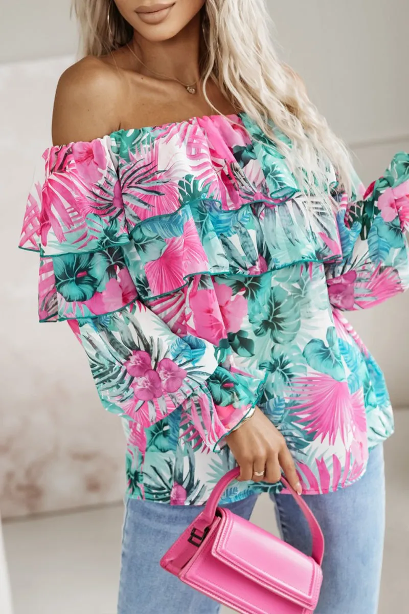 HTR1163 Floral Off-Shoulder Ruffle Top