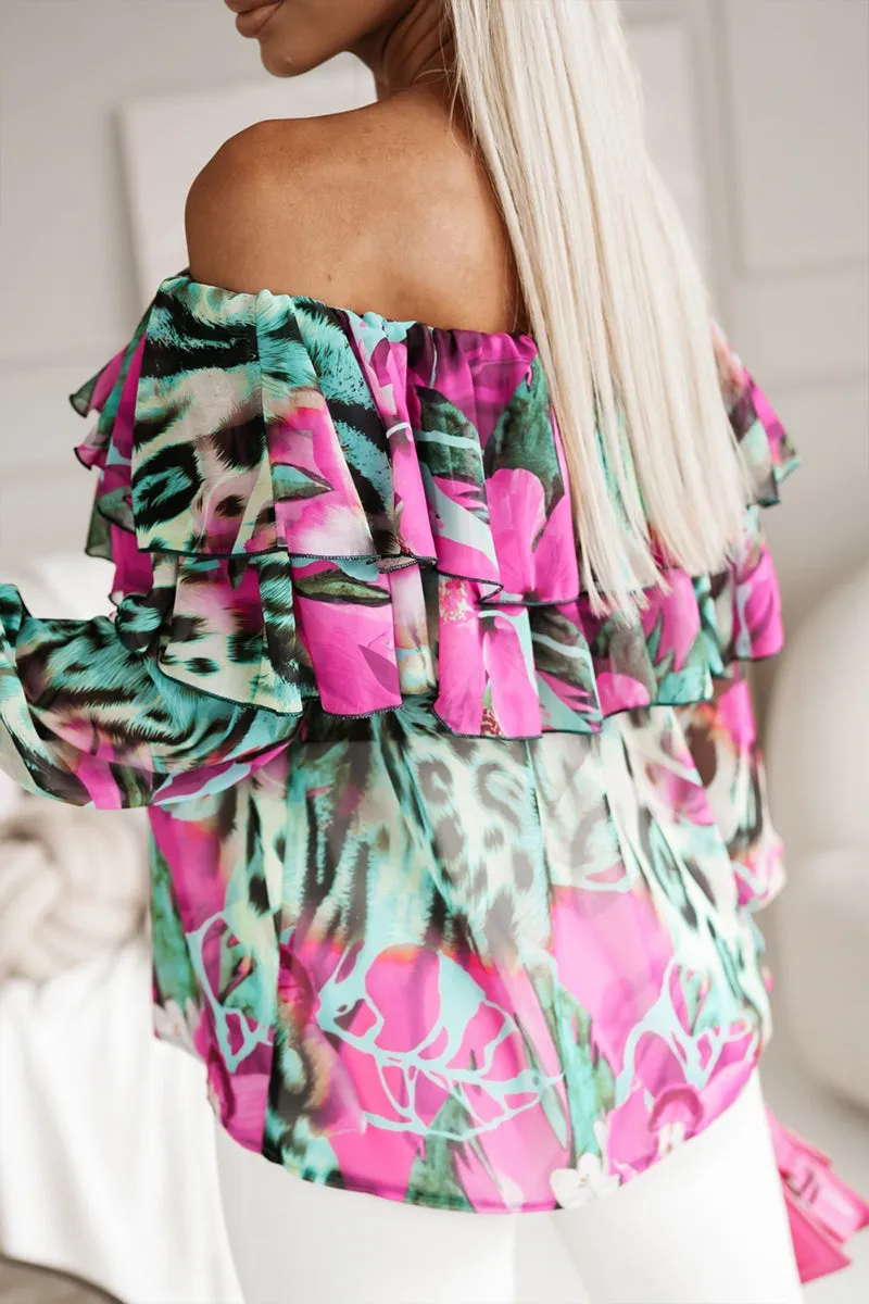 HTR1163 Floral Off-Shoulder Ruffle Top