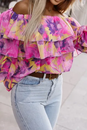 HTR1163 Floral Off-Shoulder Ruffle Top