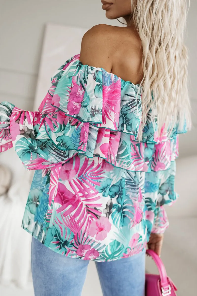 HTR1163 Floral Off-Shoulder Ruffle Top